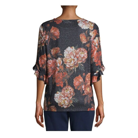 Time & Tru Ladies 3/4 Ruffle Sleeve Floral Flowy Sublimation Top SZ Medium - Picture 4 of 7